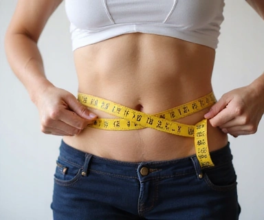 A person holding a measuring tape around their waist, symbolizing weight management and health goals.