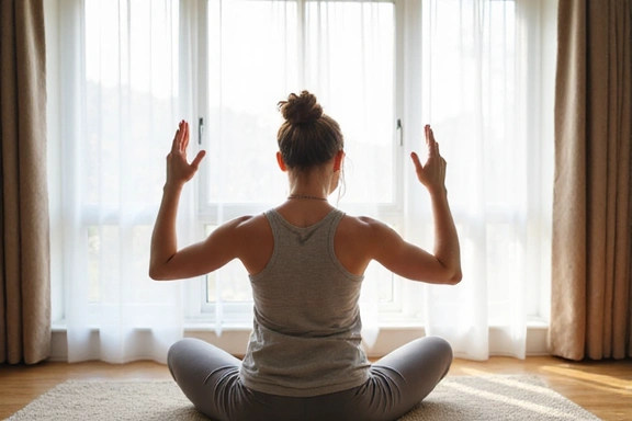 A person performing light yoga stretches in a bright, serene room, emphasizing mindful movement and well-being.