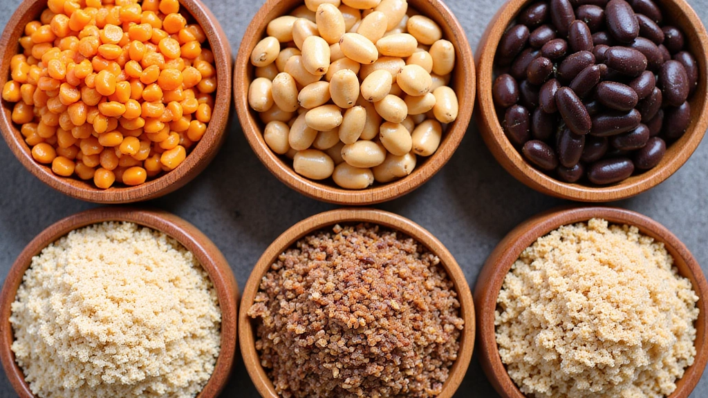 Various types of legumes and grains in separate wooden bowls, such as lentils, chickpeas, black beans, quinoa, and brown rice, showcasing staple plant-based foods.