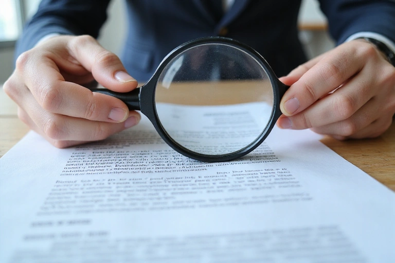 A person reading a legal document with a magnifying glass, symbolizing careful review of terms and conditions.